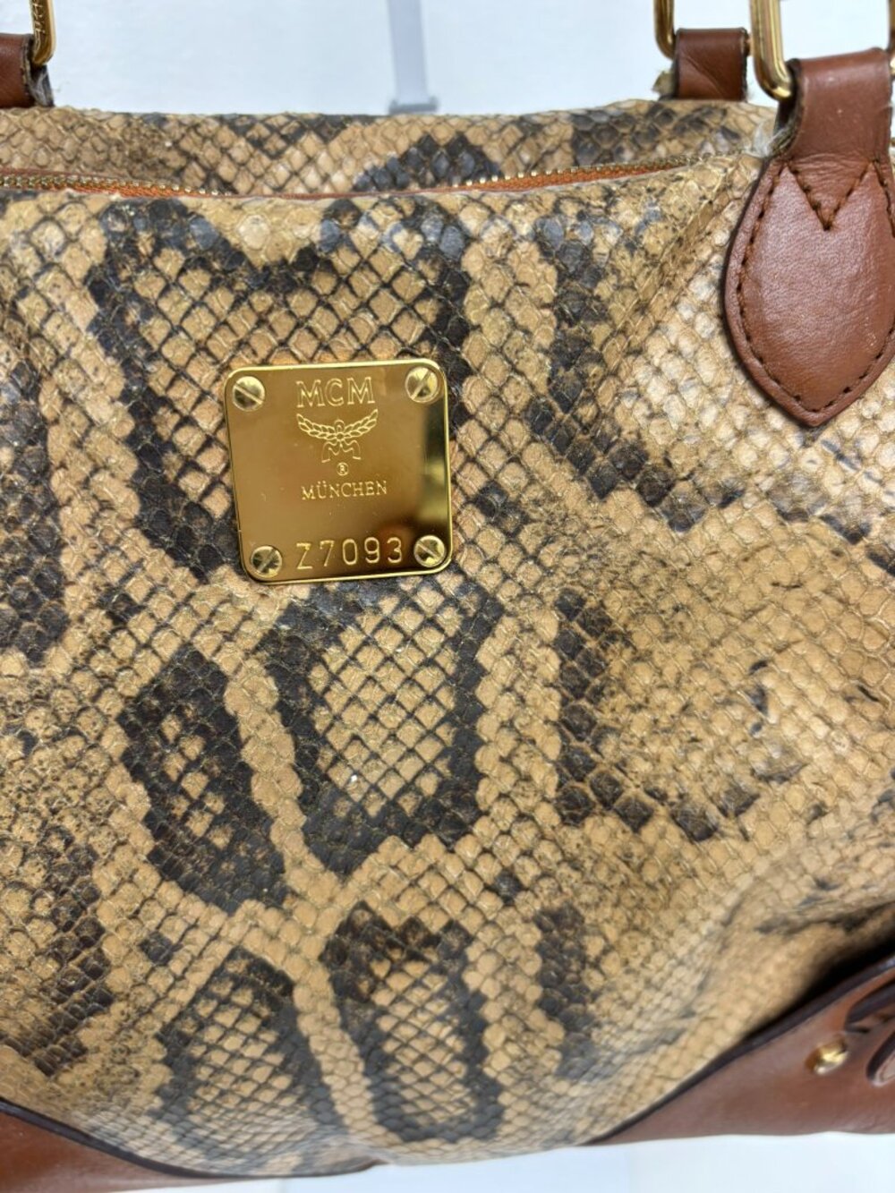 MCM Brown Python Snakeskin Leather Top Handle Satchel Shoulder Bag - Picture 3 of 8